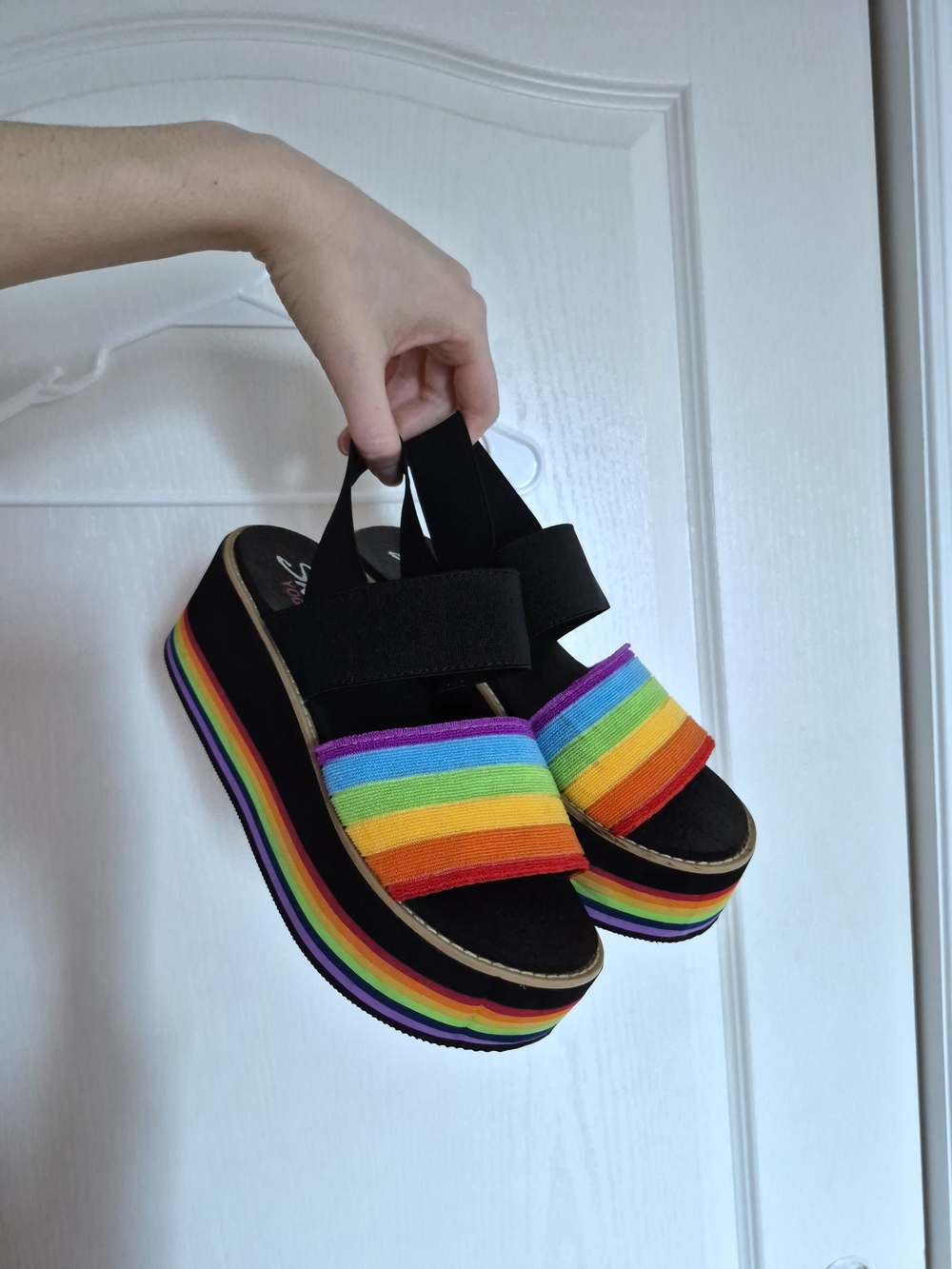 Platform Sandals with Rainbow Stripe Sole in Black